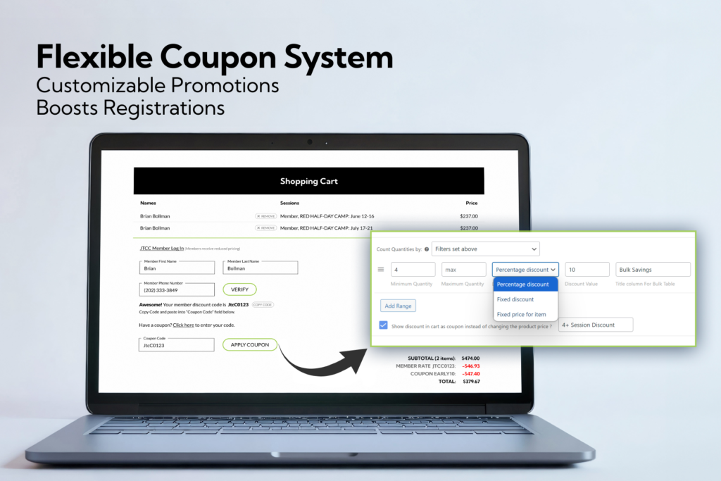 Flexible Coupon System Driving registrations is easier with a robust and flexible coupon system. Offer promotions like early-bird specials, flash sales, or member-only discounts to incentivize registrations. Run targeted campaigns for your deals, promoting higher engagement and maximizing the number of registrations for your events or programs. 